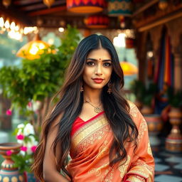A beautiful woman with long, flowing Indian hair cascading down her shoulders, standing in a vibrant traditional setting adorned with colorful textiles