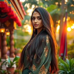 A beautiful woman with long, flowing Indian hair cascading down her shoulders, standing in a vibrant traditional setting adorned with colorful textiles