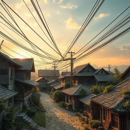 A visually striking scene showcasing big, tangled wires intricately connecting various elements of an old traditional setting