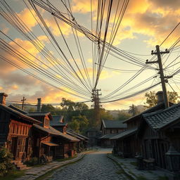 A visually striking scene showcasing big, tangled wires intricately connecting various elements of an old traditional setting