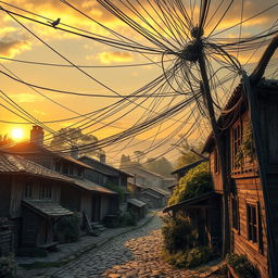 A visually striking scene showcasing big, tangled wires intricately connecting various elements of an old traditional setting