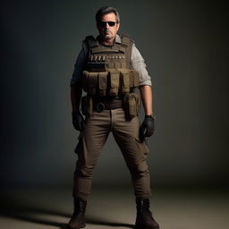 A Hollywood-style kidnapper commander wearing an ankle-length jacket and bullet-proof vest, looking tough and intimidating.