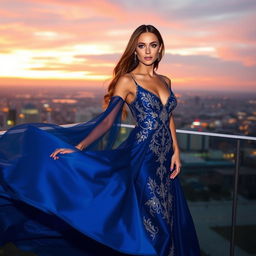 A woman in a flowing, elegant evening gown standing on a balcony overlooking a shimmering cityscape at sunset