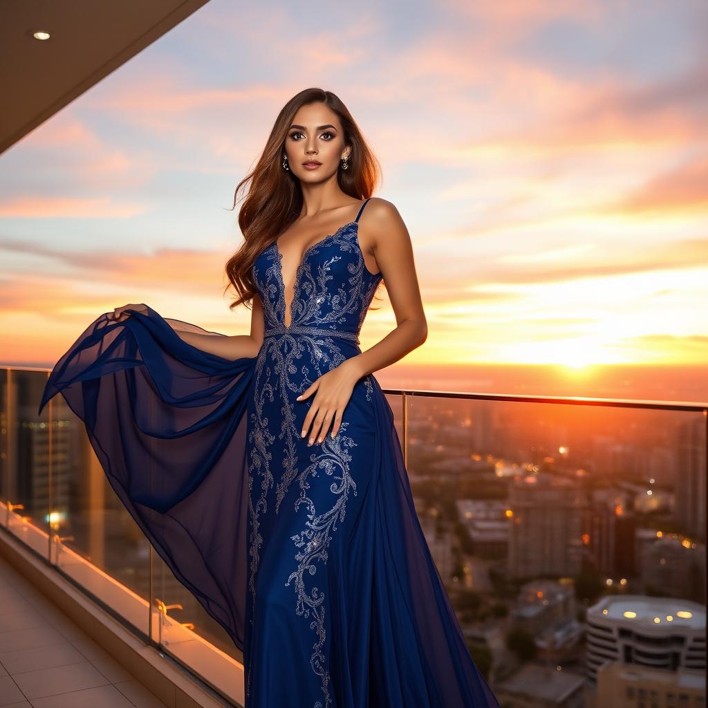 A woman in a flowing, elegant evening gown standing on a balcony overlooking a shimmering cityscape at sunset