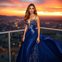 A woman in a flowing, elegant evening gown standing on a balcony overlooking a shimmering cityscape at sunset