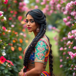 A stunning woman with a long, intricately braided Indian hairstyle, featuring beautiful ornaments woven into the braid, standing in a lush garden