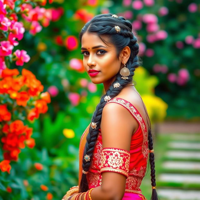 A stunning woman with a long, intricately braided Indian hairstyle, featuring beautiful ornaments woven into the braid, standing in a lush garden