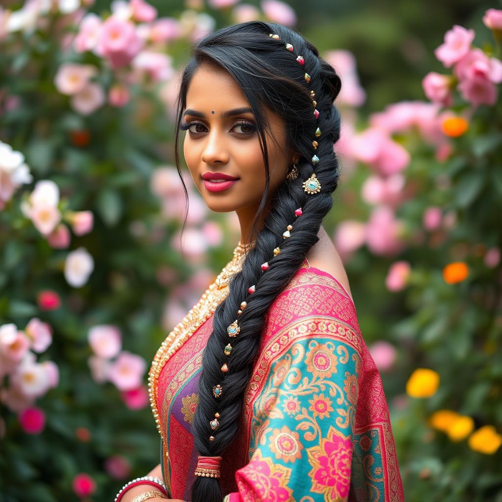 A stunning woman with a long, intricately braided Indian hairstyle, featuring beautiful ornaments woven into the braid, standing in a lush garden