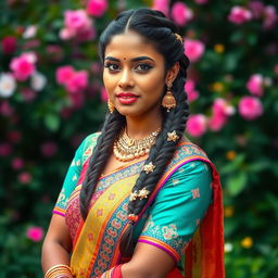 A stunning woman with a long, intricately braided Indian hairstyle, featuring beautiful ornaments woven into the braid, standing in a lush garden