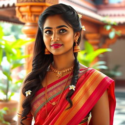 A graceful South Indian woman with knee-length long hair, elegantly styled, standing in a traditional setting