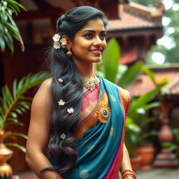 A graceful South Indian woman with knee-length long hair, elegantly styled, standing in a traditional setting