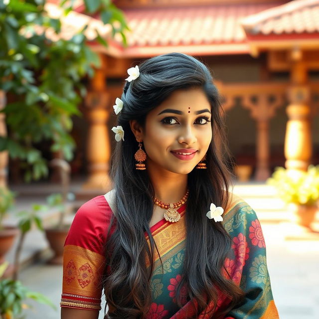 A graceful South Indian woman with knee-length long hair, elegantly styled, standing in a traditional setting