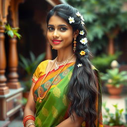 A graceful South Indian woman with knee-length long hair, elegantly styled, standing in a traditional setting