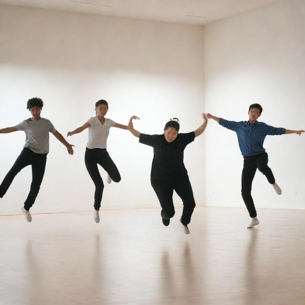 A group of individuals performing various dynamic maneuvers in a large, open space. Each person is caught in the act of jumping, twisting, or turning, showing a sense of energy and motion.