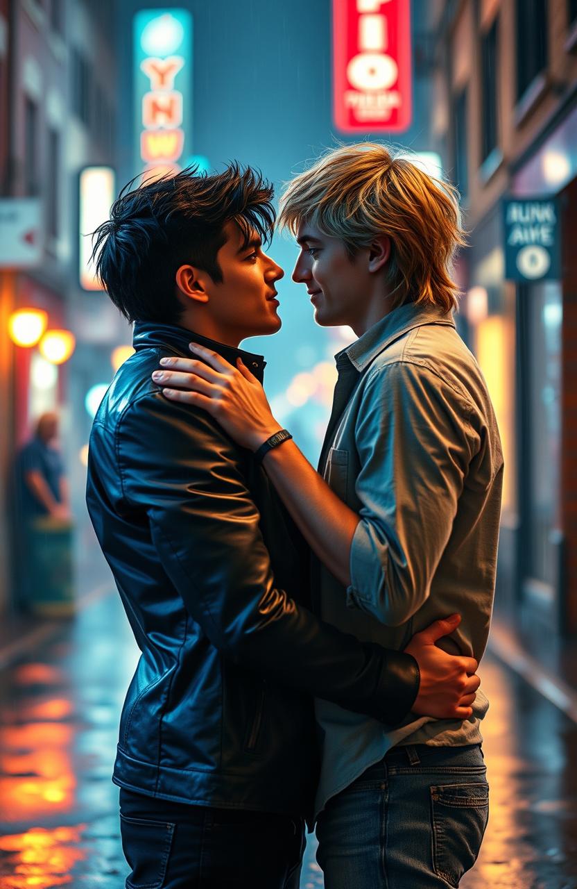 A passionate boys' love romance scene depicting two attractive young men locked in an intense embrace, gazing deeply into each other's eyes with longing