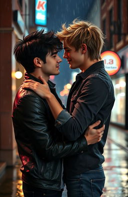 A passionate boys' love romance scene depicting two attractive young men locked in an intense embrace, gazing deeply into each other's eyes with longing