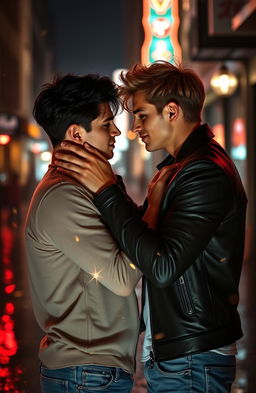 A passionate boys' love romance scene depicting two attractive young men locked in an intense embrace, gazing deeply into each other's eyes with longing