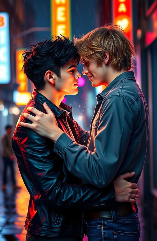 A passionate boys' love romance scene depicting two attractive young men locked in an intense embrace, gazing deeply into each other's eyes with longing