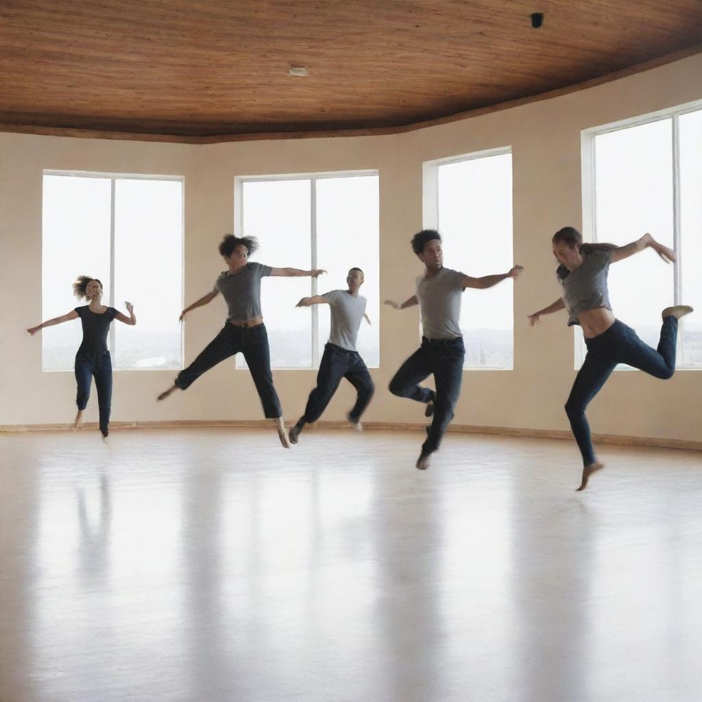 A group of individuals performing various dynamic maneuvers in a large, open space. Each person is caught in the act of jumping, twisting, or turning, showing a sense of energy and motion.