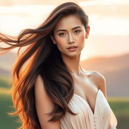 A stunning model with knee-length hair, displayed in a flowing, elegant hairstyle that cascades down her back