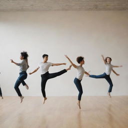 A group of individuals performing various dynamic maneuvers in a large, open space. Each person is caught in the act of jumping, twisting, or turning, showing a sense of energy and motion.