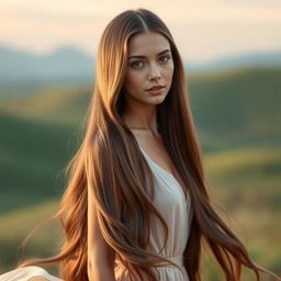 A stunning model with knee-length hair, displayed in a flowing, elegant hairstyle that cascades down her back