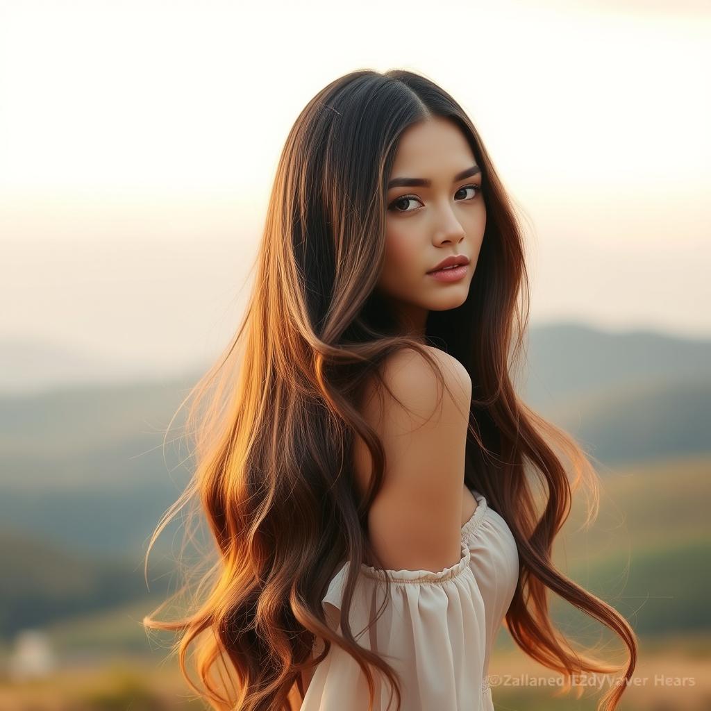 A stunning model with knee-length hair, displayed in a flowing, elegant hairstyle that cascades down her back