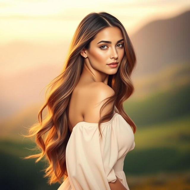 A stunning model with knee-length hair, displayed in a flowing, elegant hairstyle that cascades down her back