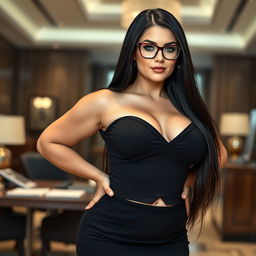 A stunning 50-year-old Russian female boss, embodying a curvy and muscular physique with a flat stomach and small breasts