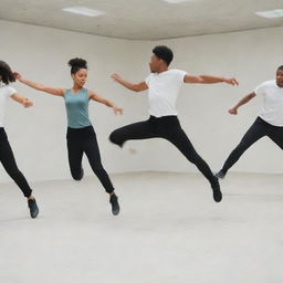 A group of individuals performing various dynamic maneuvers in a large, open space. Each person is caught in the act of jumping, twisting, or turning, showing a sense of energy and motion.