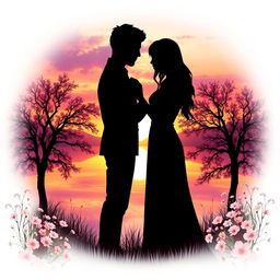 A romantic scene featuring two faceless figures, their identities obscured, standing close together in an enchanting, dreamy setting