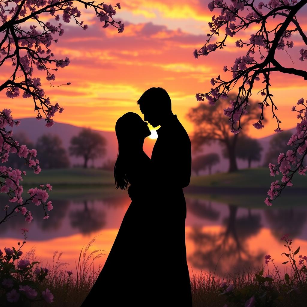 A romantic scene featuring two faceless figures, their identities obscured, standing close together in an enchanting, dreamy setting