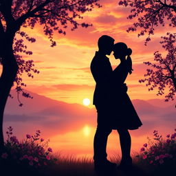 A romantic scene featuring two faceless figures, their identities obscured, standing close together in an enchanting, dreamy setting