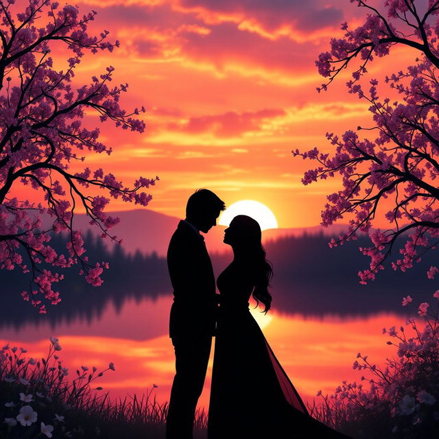 A romantic scene featuring two faceless figures, their identities obscured, standing close together in an enchanting, dreamy setting