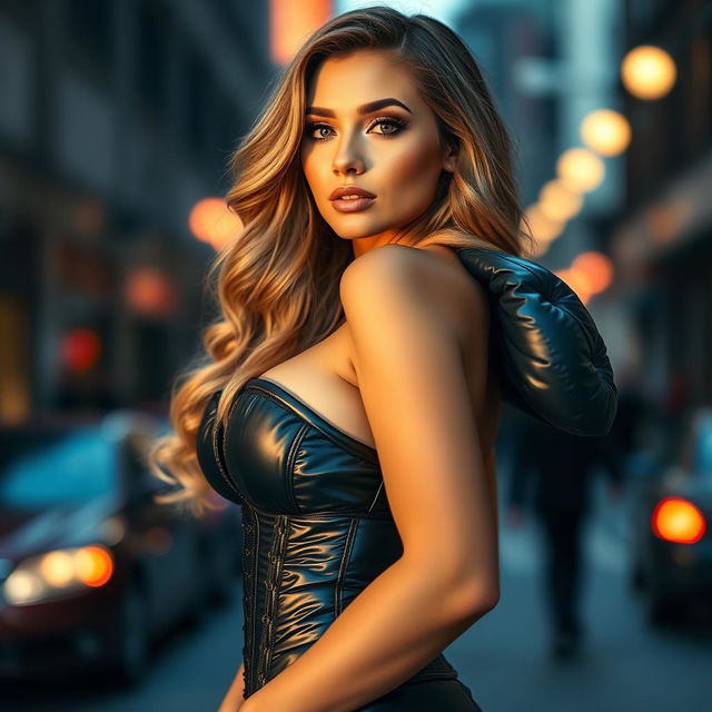 A captivating hot girl wearing a tight shiny black puffer corset that accentuates her big boobs