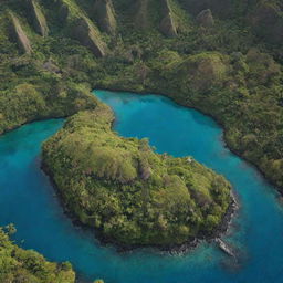 A stunning aerial view of Isla Nublar from the Jurassic Park film with lush greenery, clear blue waters, and hidden dinosaur enclosures.