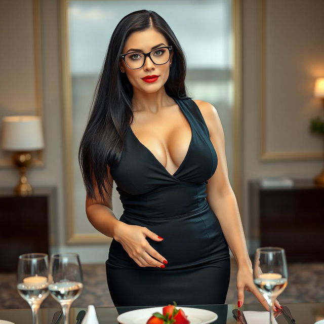 A captivating 50-year-old Russian female boss with a curvy and muscular body type, featuring a flat stomach, small breasts, and a small butt