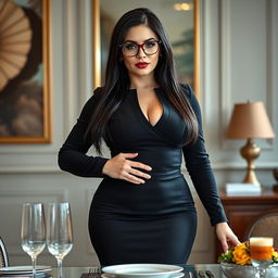 A captivating 50-year-old Russian female boss with a curvy and muscular body type, featuring a flat stomach, small breasts, and a small butt