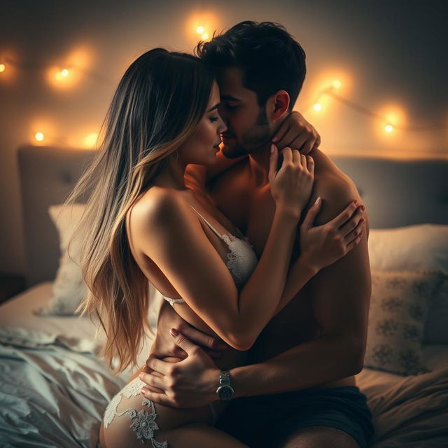 A romantic and intimate moment between a young couple in a cozy bedroom