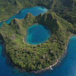 A stunning aerial view of Isla Nublar from the Jurassic Park film with lush greenery, clear blue waters, and hidden dinosaur enclosures.