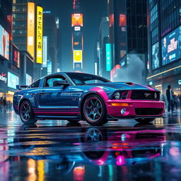 A sleek 2005 Mustang reimagined in a vibrant cyberpunk style, featuring neon glowing accents, futuristic modifications, and a high-tech dashboard