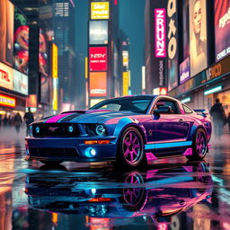 A sleek 2005 Mustang reimagined in a vibrant cyberpunk style, featuring neon glowing accents, futuristic modifications, and a high-tech dashboard