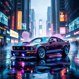 A sleek 2005 Mustang reimagined in a vibrant cyberpunk style, featuring neon glowing accents, futuristic modifications, and a high-tech dashboard