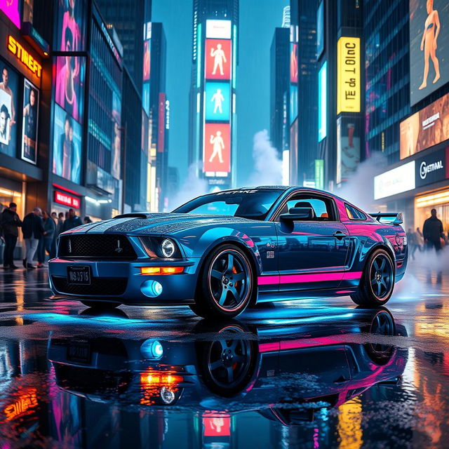 A sleek 2005 Mustang reimagined in a vibrant cyberpunk style, featuring neon glowing accents, futuristic modifications, and a high-tech dashboard