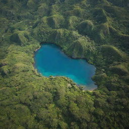 A stunning aerial view of Isla Nublar from the Jurassic Park film with lush greenery, clear blue waters, and hidden dinosaur enclosures.