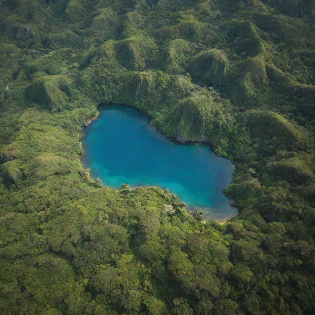 A stunning aerial view of Isla Nublar from the Jurassic Park film with lush greenery, clear blue waters, and hidden dinosaur enclosures.