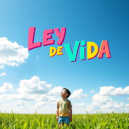 A serene scene featuring a young boy standing in a lush green field, gazing up towards a bright blue sky filled with fluffy white clouds