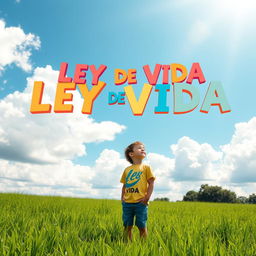 A serene scene featuring a young boy standing in a lush green field, gazing up towards a bright blue sky filled with fluffy white clouds