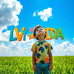 A serene scene featuring a young boy standing in a lush green field, gazing up towards a bright blue sky filled with fluffy white clouds