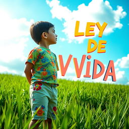 A serene scene featuring a young boy standing in a lush green field, gazing up towards a bright blue sky filled with fluffy white clouds